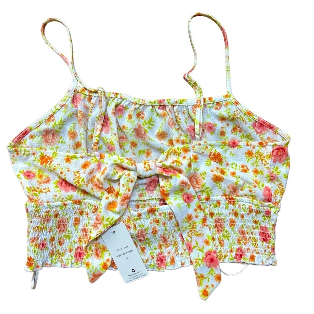 Pink Rose Cropped Elastic Adjustable Shirred Floral W/Bow Top Size Medium NWT - Picture 8 of 8